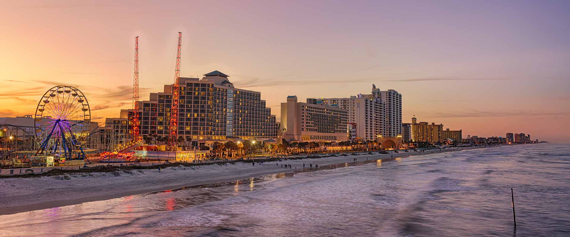 A picture of Daytona's Beachside as the sun is setting.  Opens in new window